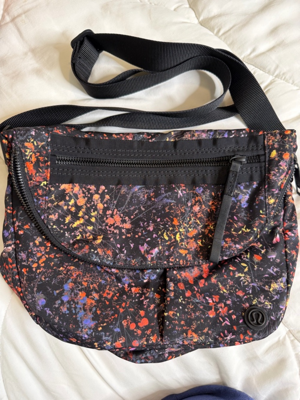 lululemon athletica Black Crossbody Bag with Red Orange Purple Splatter